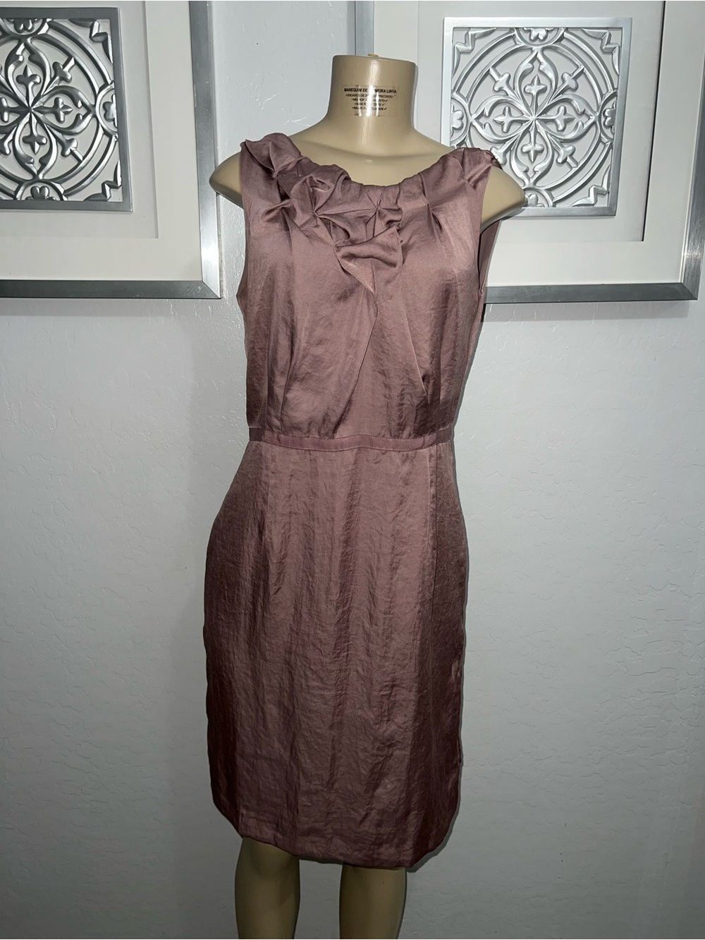 Sleeveless Mauve Ruffle-Neck Sheath Dress